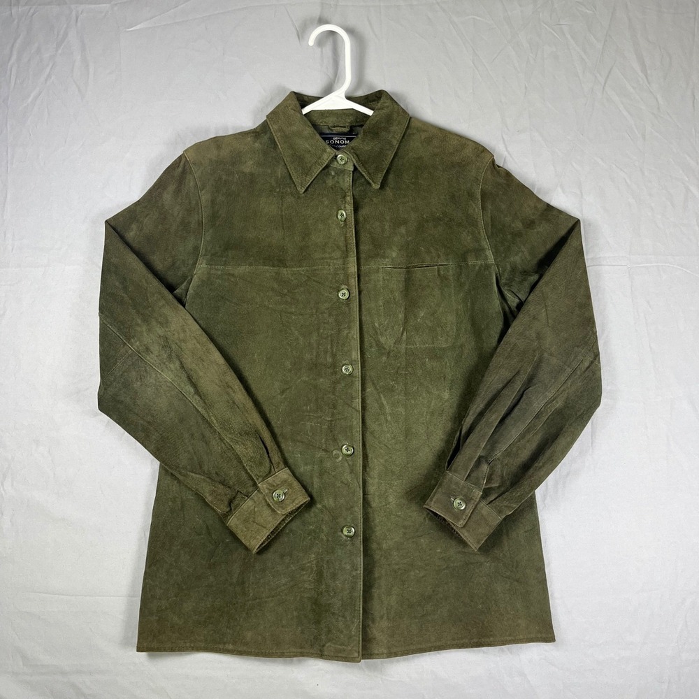 Vtg Sonoma Olive Green Suede Leather Jacket Mens M Chore Coat Button Front 90s